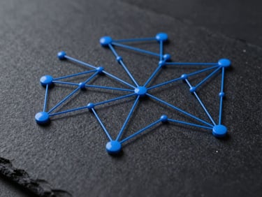 Abstract architectural network diagram with sharp electric blue lines and nodes on a dark slate background, high contrast, clean technical design