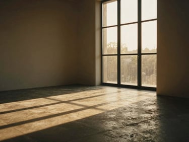 Architectural interior of a modern minimalist living room, dramatic golden hour window light casting geometric shadows on concrete floor.