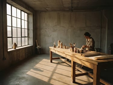 Cinematic wide shot of a minimalist concrete studio with dramatic golden-hour window light casting long shadows across a wooden table, 35mm film look.