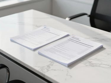Close-up of a clean white marble desk with structured financial documents, natural sunlight casting soft shadows, professional corporate environment