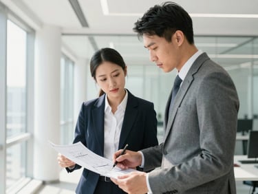 Two professional colleagues in modern business attire collaborating over architectural blueprints in a sunlit, clean glass office, medium close-up, natural lighting