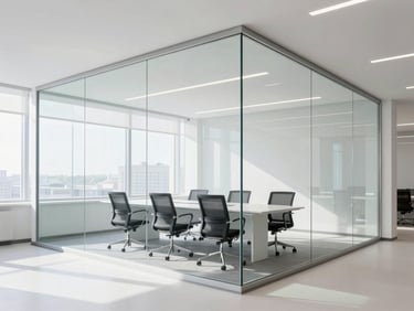 Modern glass-walled boardroom in St. Petersburg, bright daylight, minimal white furniture, clean architectural lines