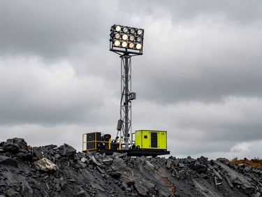 Industrial mobile lighting tower and generator set up on a rocky mining ledge, dramatic overcast sky, high-contrast technical details.