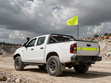 Low-angle environmental shot of a white mining-spec pickup truck with high-visibility safety flag and roll cage, parked in a dusty open-pit mine, dramatic overcast sky, high-contrast desaturated tones