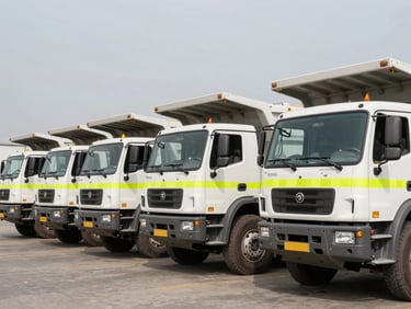 A fleet of white mining trucks with high-visibility safety flags parked in a neat row at an industrial yard, clean composition, natural daylight.