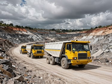 Wide environmental shot of heavy industrial personnel transport vehicles navigating a rugged dirt road inside a Mexican open-pit mine, dramatic overcast sky, sharp details.