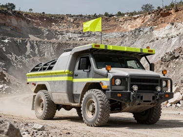 Low-angle heroic shot of a high-spec mining pickup truck equipped with a steel roll cage, high-visibility safety flag, and amber beacon light, parked on a dusty road in an active open-pit mine in Zacatecas under harsh daylight.