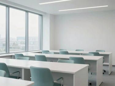 Aydınlık, ferah bir ofis ortamı, düzenli masalar, modern mobilyalar, ışık yansıtan cam yüzeyler.