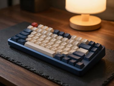 A close-up of a custom mechanical keyboard on a dark slate desk, warm desk lamp light, 35mm