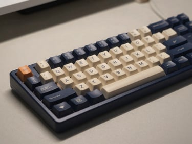 Macro shot of a mechanical keyboard with custom keycaps under low-key desk lighting, clean workspace aesthetic, 35mm editorial photography