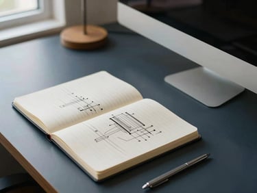 Overhead shot of a neatly organized physical workspace, a notebook with clean structural diagrams beside a sleek monitor, soft natural window light