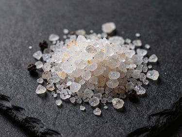 A top-down macro shot of raw, textured sea salt crystals and cracked black pepper on a dark slate surface, dramatic side lighting.