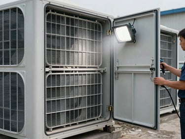 Environmental wide shot of large commercial HVAC air handling unit with access panel open, technician hands operating industrial cleaning equipment inside, bright portable work light illuminating dust-coated coil banks