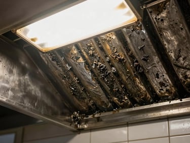 Close-up of restaurant kitchen exhaust duct interior coated in thick grease and dark debris under bright overhead worklight, visible contamination build-up on metal duct walls, grimy filter visible at edge