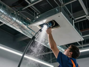 Wide shot of office ceiling ductwork during cleaning job, technician arm reaching into open duct panel with vacuum hose, debris cloud visible under work-site floodlight, exposed ceiling grid in background
