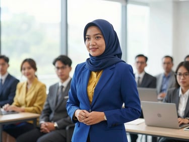 Medium shot of an Indonesian female professional presenting in front of a corporate team, bright natural office daylight, professional setting, clean blue and gold tones, sharp focus, 35mm