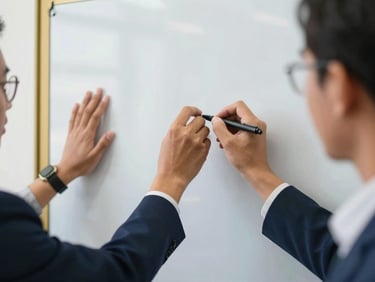 Close-up of hands of an Indonesian professional writing on a whiteboard during a corporate workshop, soft natural office lighting, clean navy and gold accents, 35mm