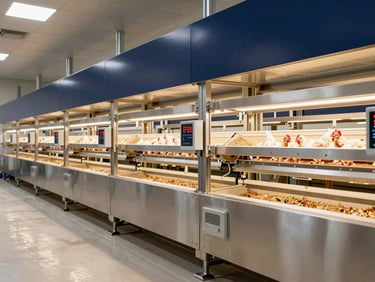 Interior of a modern bio-secure poultry hatchery, pristine steel equipment, automated climate controls, clean bright lighting.