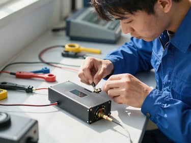 A certified technician in a blue uniform working on a smart GPS inverter connection with tools under bright workshop lighting, sharp focus, 35mm lens.