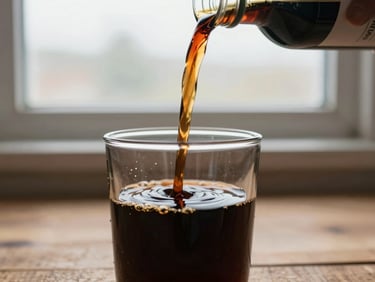 Close-up of dark liquid fish fertilizer concentrate being poured into a glass container on a wooden surface, natural overcast window light, earthy tones, no labels visible