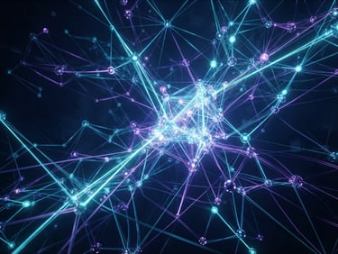 Sleek abstract 3D render of interconnected glowing cyan and violet nodes on a dark midnight-navy background, cinematic studio lighting, octane render