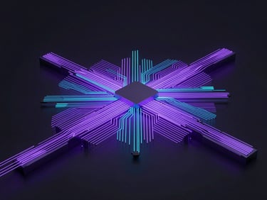 Sleek 3D render of structured system architecture, glowing violet light pathways, dark background, cinematic studio lighting, octane render