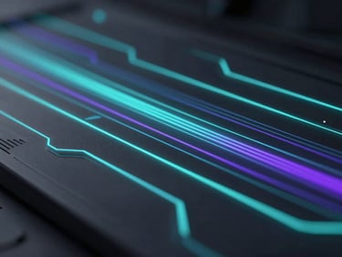 Macro shot of a clean technical interface, moody ambient lighting with electric-cyan edge-lighting, professional abstract technology