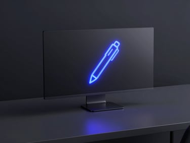 Sleek 3D render of a minimalist desk setup with a glowing pen tool icon on a monitor, dark mode, electric blue accents, ultra-clean tech aesthetic