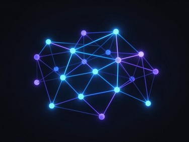 Sleek 3D render of an abstract AI neural network with glowing nodes and electric blue connections, dark mode, minimalist tech aesthetic