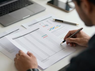 Close-up of a male analyst at a desk in a São Paulo high-rise office reviewing printed retail market reports and data charts, studio tungsten lighting, diffused and controlled, hands visible on documents, analytical work in progress