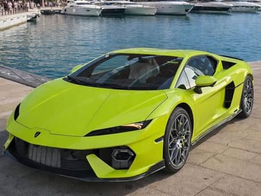 A lime green Lamborghini Revuelto parked at a luxury marina with white yachts in the background.