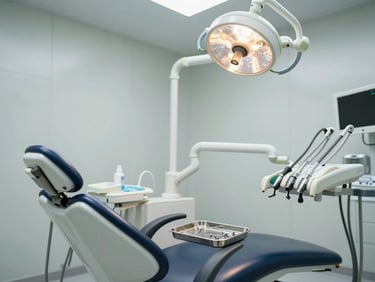 Modern orthodontic operatory room with reclined dental chair, overhead surgical lamp on, stainless steel tray with brackets and archwires laid out, clean clinical environment under tungsten light, wide environmental shot