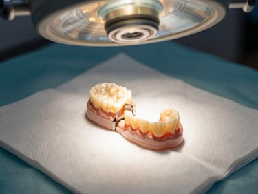 Close-up photograph of a prosthetic dental abutment component on a sterile white gauze pad under warm tungsten operating-room lamp, precise macro framing, no patient