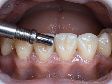 Close-up intraoral photograph of a completed dental implant crown seated in the lower jaw, warm tungsten operatory lighting, titanium abutment and ceramic crown visible with surrounding healthy tissue, clinical documentation framing