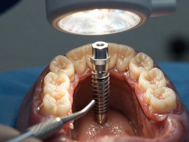Close-up intraoral photograph showing osseointegrated implant abutment in lower jaw, warm operating-room tungsten lighting, clinical context with dental instruments partially visible, high-detail documentary framing