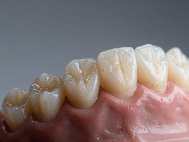 Macro close-up of a finished all-ceramic dental crown on a precision dental model, clean lab lighting with soft shadows, no patient visible