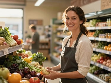A local woman entrepreneur smiling in her brightly lit grocery shop, holding fresh produce, warm golden-hour daylight, shallow depth of field, 35mm