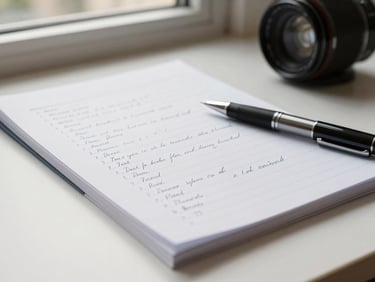Close macro of a handwritten script page with directional notes in the margin, lying on a white desk under bright window light, a pen resting diagonally across the paper