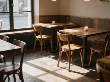 Intimate corner of an artisanal restaurant at lunch prep — empty wooden tables, a single candle, north-facing window light casting long shadows across the floor, no people visible