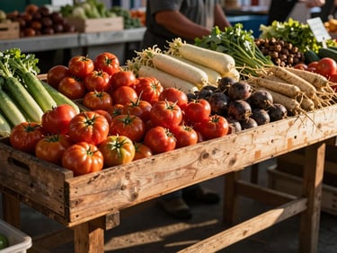 Wide shot of a farmer's market stall at golden hour — crates of mixed-ripeness tomatoes and root vegetables, a weathered wooden table, long warm shadows, no faces visible