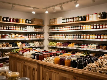 Inside an independent food market — shelves of preserves and dry goods under warm overhead track lighting, a wooden counter in the foreground, quiet and unhurried, no customers