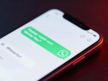 Close-up of a smartphone screen showing a WhatsApp chat interface with a quick response from a customer service agent, modern and clean design, red neon accent, cool ambient light, shallow depth of field.