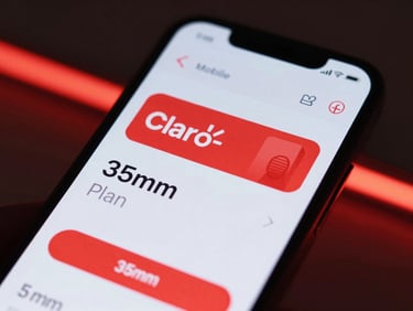 Close-up of a modern smartphone displaying a Claro mobile plan dashboard, glowing red UI elements, shallow depth of field, cool ambient light with warm red neon accents, sleek modern aesthetic, 35mm