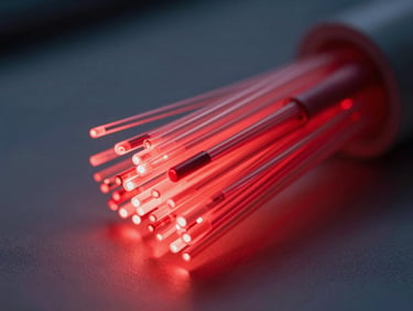 Fiber optic cables glowing red, sleek and high-tech, shallow depth of field, representing stability and speed, cool ambient light.