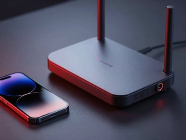 Sleek, modern router next to a smartphone, both with subtle red glows, representing a complete connectivity solution, cool ambient light, shallow depth of field.