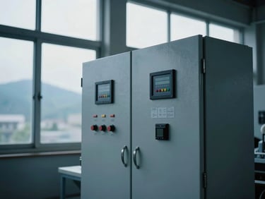 An industrial control panel inside a clean manufacturing facility, cool diffused daylight through high windows