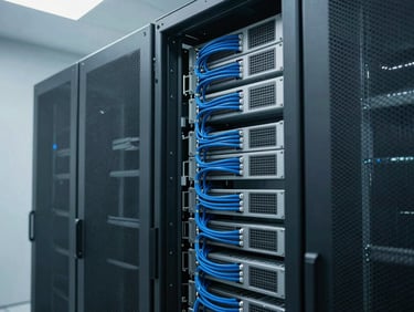 Cool industrial tech photography of pristine server racks with immaculate blue cabling in a secure datacenter, cool overcast mountain daylight tones, sharp focus, 35mm