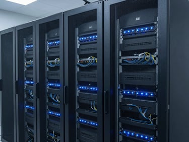 Clean structured server room with immaculate cabling, cool blue indicator lights glowing in the dark