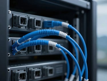 Tight macro shot of clean blue fiber optic cabling routed perfectly through a black server rack, cool low-key server room lighting