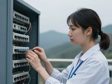 Cool industrial tech portrait of a female engineer looking at a physical networking panel, cool diffused daylight, sharp focus, 35mm.